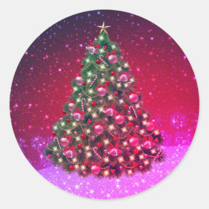 Sticker Rond Design étincelant d'arbre de Noël rose