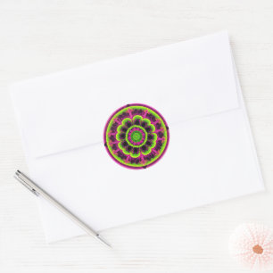 Sticker Rond Design Kaleidoscope Rose Neon Et Vert