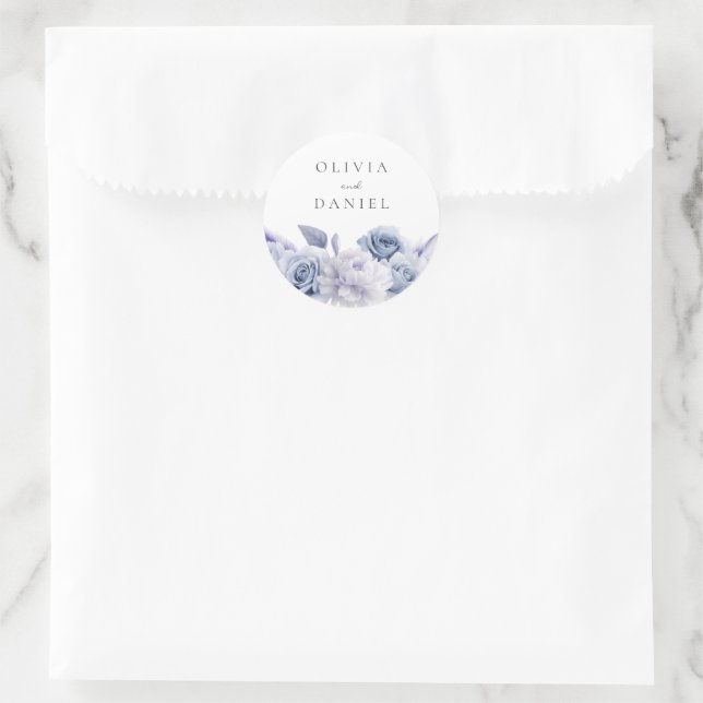 Sticker Rond Designer Dusty Blue Floral Mariage (Sac)