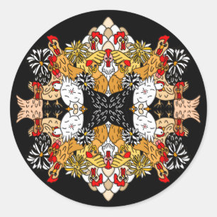 Sticker Rond Dessin à la main amusant Poulets de dessin