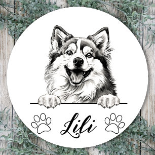 Sticker Rond Dessin à la main de Chien Pomsky personnalisé