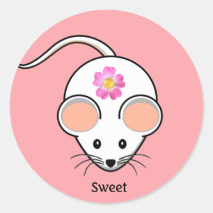 Sticker Rond Dessin animé de souris blanche avec fleur sur fond