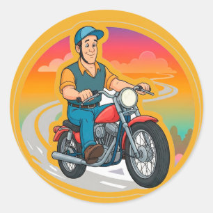 Sticker Rond 🏍️ Dessin animé drôle de motard à moto Amusement