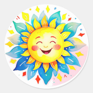 Sticker Rond ☀️ Dessin animé Soleil souriant Visage heureux Mig