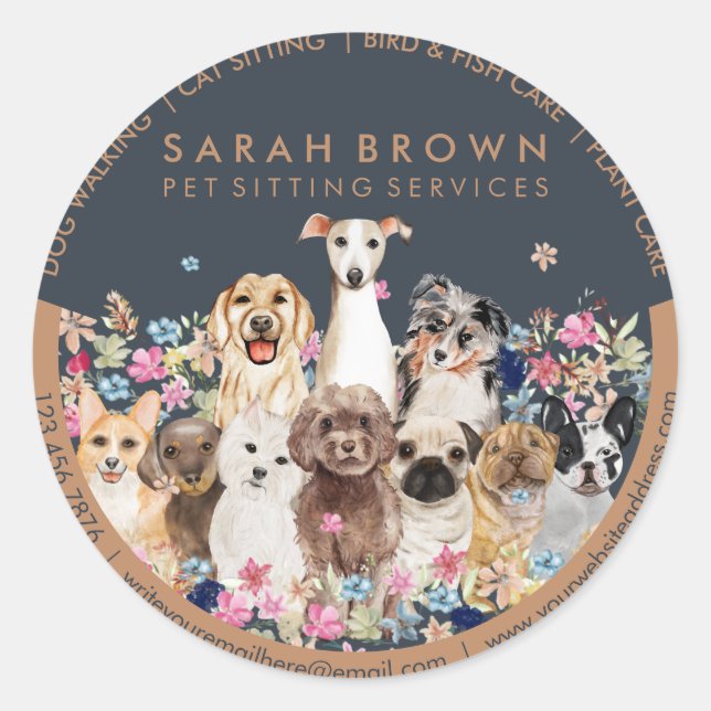 Sticker Rond Dessin de chiens avec cadre floral (Devant)