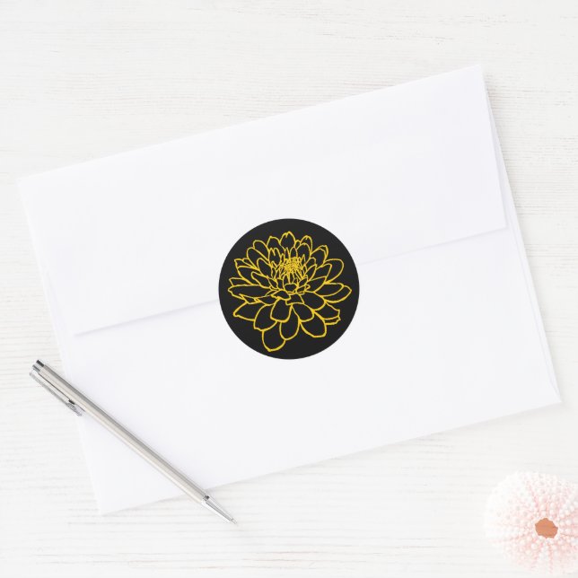 Sticker Rond Dessin de chrysanthème - Ambre sur noir (Enveloppe)