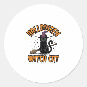 Sticker Rond Dessin de gravure vintage de chat de sorcière d'Ha