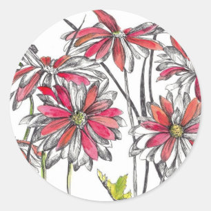Sticker Rond Dessin d'encre d'art botanique peint Fleurs de mar