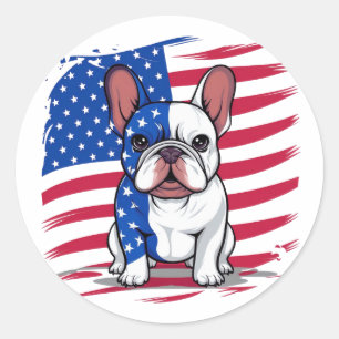 Sticker Rond Dessin d'un bulldog français avec drapeau américai