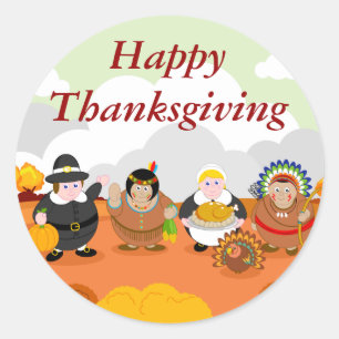 Sticker Rond Dessin moderne du premier Thanksgiving de 1621,