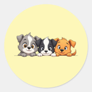 Sticker Rond Dessins Animés de Chiots Ludiques – Expressions de
