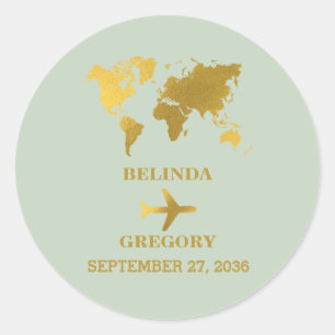 Sticker Rond Destination Mariage Monde Passport Sage Vert Or