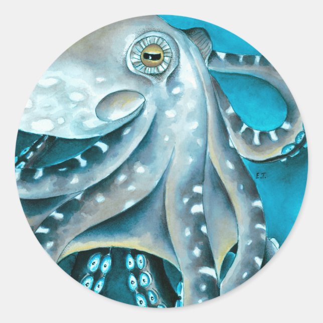 Sticker Rond Détails de l'aquarelle bleu octopus (Devant)