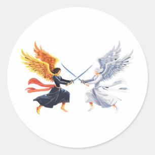 Sticker Rond Deux anges avec une grande épée avec des ailes ouv