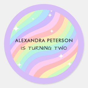 Sticker Rond Deux Anniversaire Rétro Groovy Pastel Arc-en-ciel