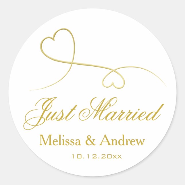 Sticker Rond Deux Coeurs Or Élégants | Mariage 'Juste Marié' (Devant)