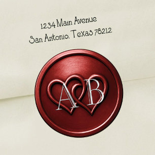 Sticker Rond Deux cœurs rouge foncé Monogramme argenté Mariage