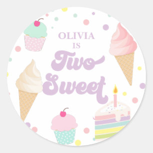 Sticker Rond Deux crème glacée douce et gâteau 2e anniversaire