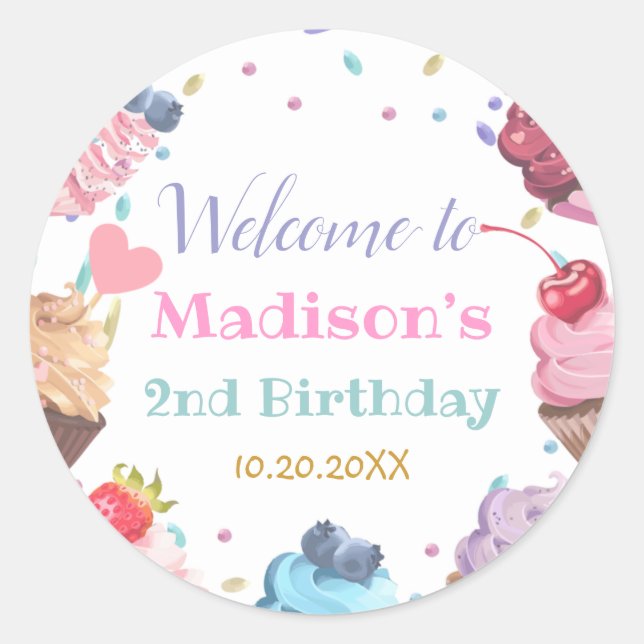 Sticker Rond Deux Cupcake sucré 2e fête de bonbons d'anniversai (Devant)