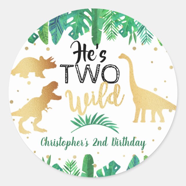 Sticker Rond Deux Dinosaures Sauvages garçons 2e fête d'anniver (Devant)