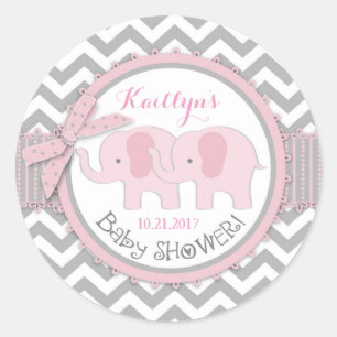 Sticker Rond Deux éléphants roses gris blanc Baby shower Chevro