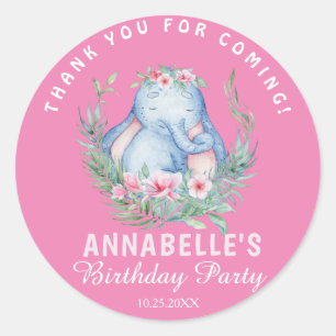 Sticker Rond Deux éléphants tropicaux sauvages rose Merci d'ann