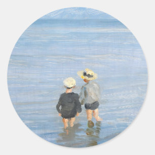 Sticker Rond Deux enfants pataugent à Skagen Beach, PS Kroyer
