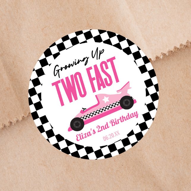 Sticker Rond Deux Fast Pink Race Car 2e fête d'anniversaire (Créateur téléchargé)