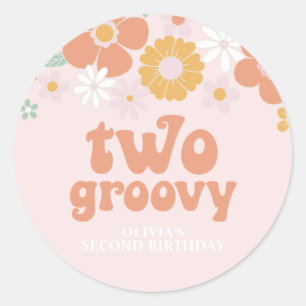 Sticker Rond Deux Groovy Retro Floral deuxième anniversaire