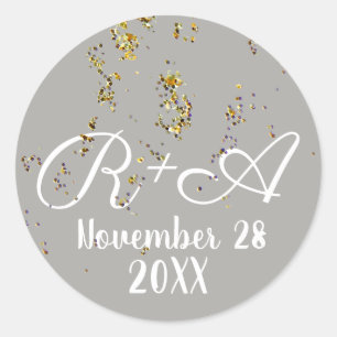 Sticker Rond deux initiales + mariage confetti