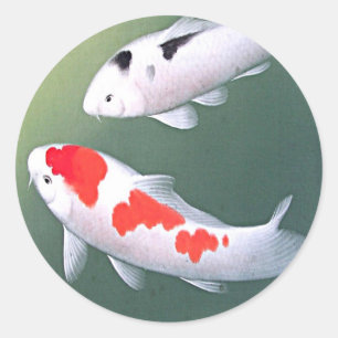 Sticker Rond Deux Koi, impression en bois japonais
