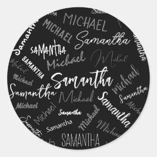 Sticker Rond Deux noms couple motif monogramme noir gris blanc