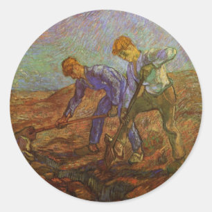 Sticker Rond Deux paysans creusant de Vincent van Gogh