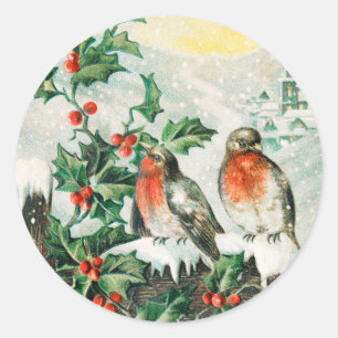 Sticker Rond Deux robins on a fence in the snow