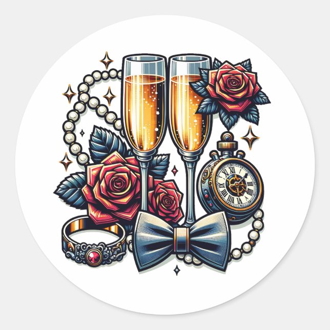Sticker Rond Deux Verres à Champagne, Mariage  (Devant)