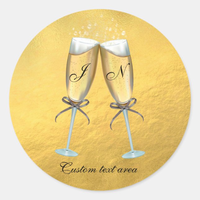 Sticker Rond Deux verres de Bubbly Faux Foil Gold Personnalisé (Devant)