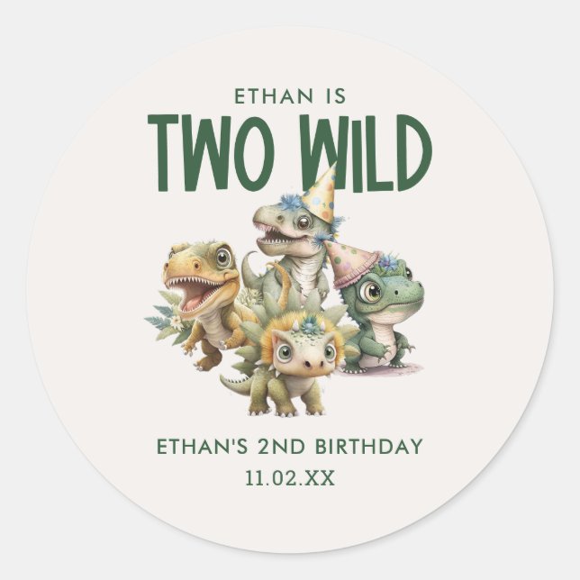 Sticker Rond Deux Wild Cute Dinosaur 2e fête d'anniversaire Fav (Devant)