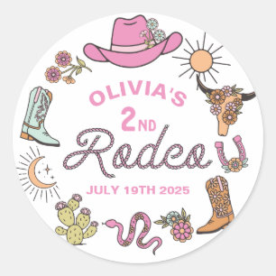 Sticker Rond Deuxième Rodéo Rose Cow-boy Occidental 2ème Annive