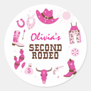 Sticker Rond Deuxième Rodéo Rose Cow-boy Occidental 2ème Annive