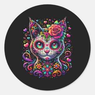 Sticker Rond Dia De Los Muertos Cinco De Mayo Cat Crâne à sucre