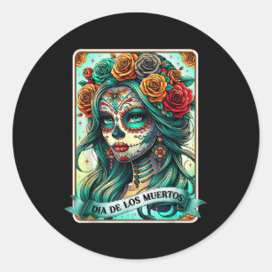 Sticker Rond Dia De Los Muertos Rose Flower Woman Day Du De De