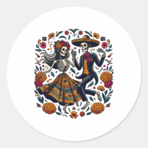 Sticker Rond Dia De Los Muertos Skeletons Dansons Fête Mexicain