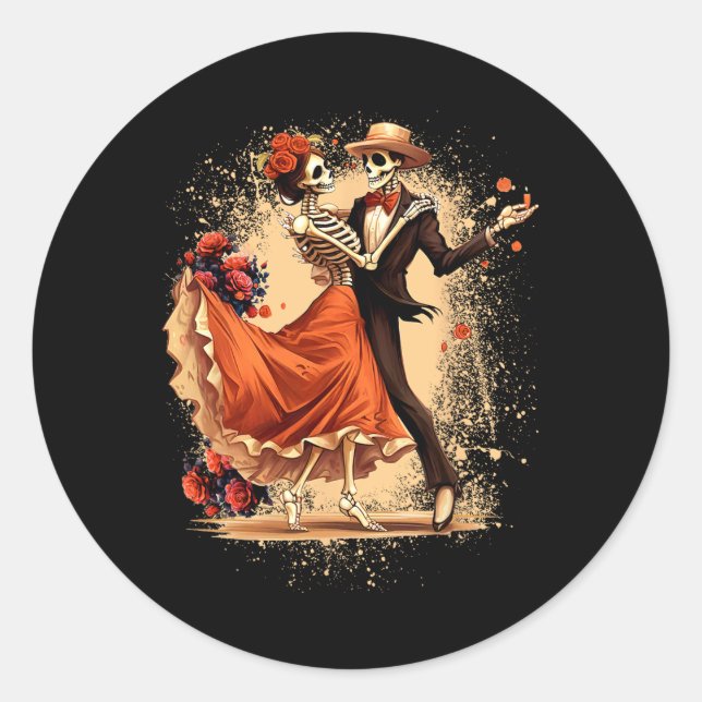 Sticker Rond Dia De Los Muertos Skeletons Dansons Fête Mexicain (Devant)