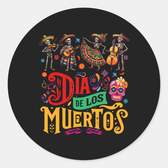 Sticker Rond Dia De Los Muertos Skeletons Mexicains Instrumenta (Devant)