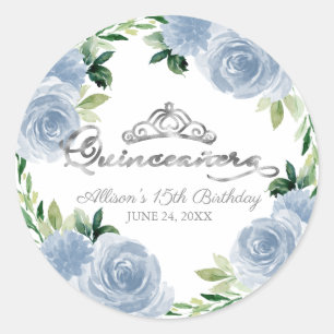 Sticker Rond Diadème argenté pour Quinceanera fleurs bleu clair