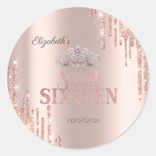 Sticker Rond  Diadème gouttes de paillettes Rose Gold Sweet 16 