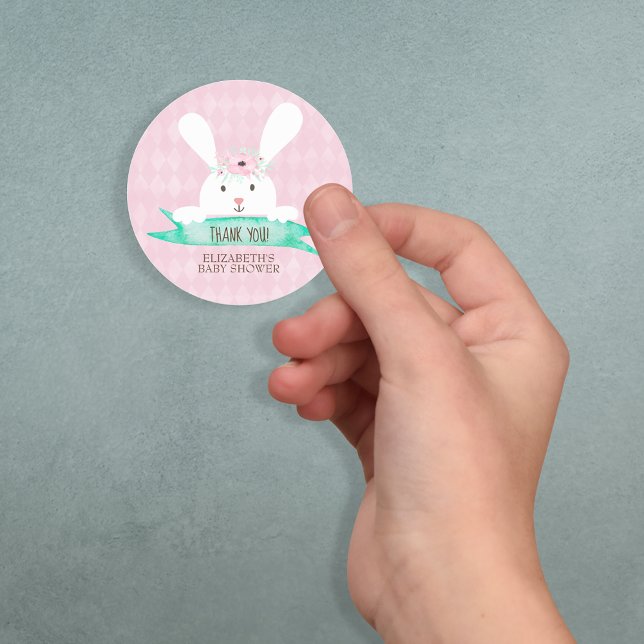 Sticker Rond Diamant rose Baby shower floral lapin (Créateur téléchargé)