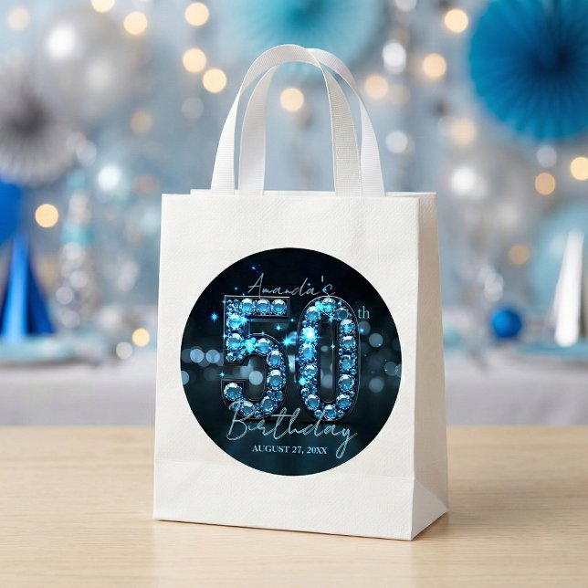 Sticker Rond Diamants Bleus Turquoise & 50e Anniversaire Glamou (Créateur téléchargé)