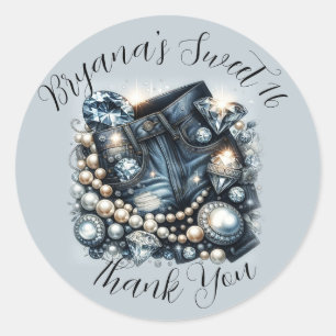 Sticker Rond Diamants de Denim & Perles Jeans Bling Party