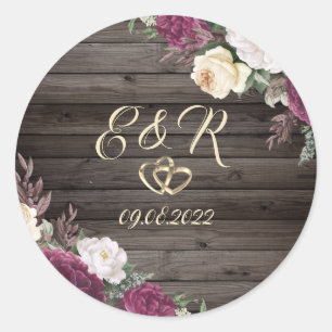 Sticker Rond Diamants d'or Fleurs Bourgogne Coeurs Bois